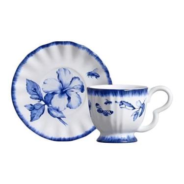 Imagem de Xícara de Café Cerâmica Azul e Branca Demoiselle Scalla 100ml
