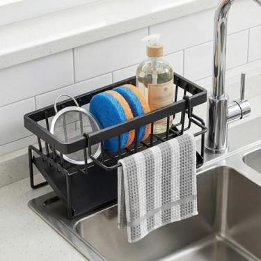Imagem de Suporte de esponja de cozinha com bandeja de drenagem automática - Organizador de pia de bancada de cozinha preto