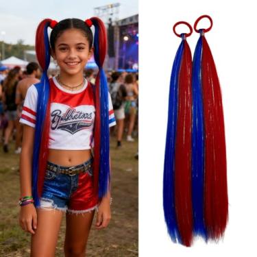 Imagem de Extensão de rabo de cavalo de cabelo misto vermelho azul com faixa de borracha sintética extensão de cabelo para mulheres meninas acessórios festa diária festival de Halloween dias loucos peças de