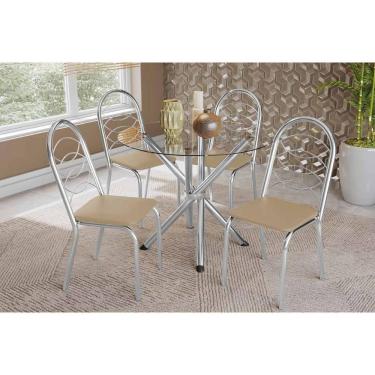Imagem de Conjunto: Mesa Sala Jantar Volga C- Tampo De Vidro 95cm E 4 Cadeiras Holanda Cromada - Courano Bege - Kappesberg
