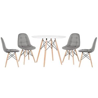 Imagem de Loft7, Kit Mesa redonda Eames 90 cm branco + 4 cadeiras estofadas Eiffel Botonê Cinza