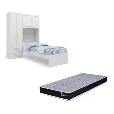 Imagem de Kit Guarda Roupa de Solteiro Branco com Cabeceira Baú + Cama de Solteiro Acoplada + Colchão de Solteiro Espuma D28 - AV