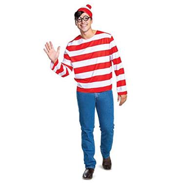 Imagem de Fantasia de Halloween Wheres Waldo para adultos. Conjunto com camisa. Boné, roupa de óculos, Multicolorido., Medium (38-40)