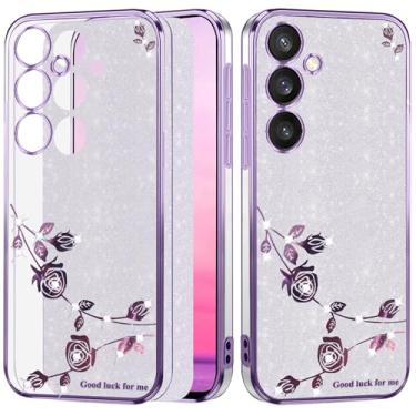 Imagem de Yarxiawin Capa de telefone para Samsung A15 5G capa transparente com glitter macio, estética para Samsung Galaxy A15 capa de silicone flor macia transparente à prova de choque roxa fina (prata-roxo)