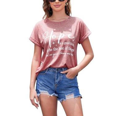 Imagem de MyFav Camiseta feminina de verão estampada manga curta confortável casual gola redonda camiseta básica, Pink Hope, G