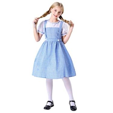Imagem de OBEEII Vestido infantil xadrez azul e branco com laços, verão, casual, manga curta, vestido azul guingão, Azul, branco, 6-7 Anos