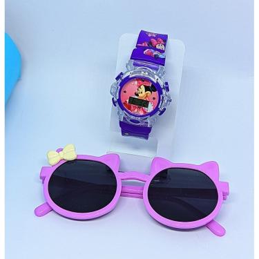 Imagem de Kit Relógio Infantil Digital Pisca Luz Led Toca Musica Peppa Frozen + Óculos de Sol Menina Gatinho com Laço Tendência