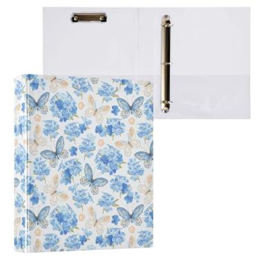 Imagem de Fichário retrô azul borboleta e flor de hortênsia 3 anéis decorativos de 3,8 cm com prancheta e 3 bolsos transparentes, comporta 200 folhas de papel tamanho A4 fichários à prova d'água para escola,