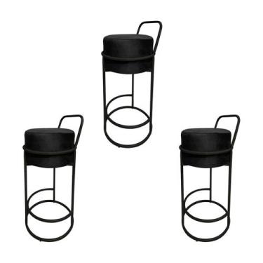 Imagem de Kit 3 Banquetas Alta Redonda Base Preta Veludo - Preto - CONCEPT ESTOF