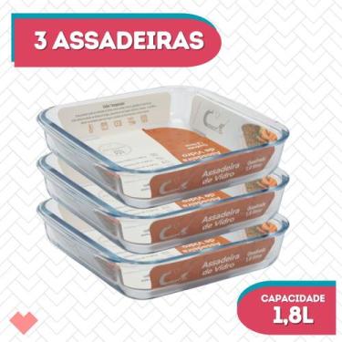 Imagem de Conj 3 Refratários Travessa Quadrada Vidro  1,8L Sobremesa - CasaVita,