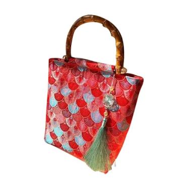 Imagem de Bolsa de mão de bambu, design de bolsa de casamento vermelha estilo vintage, 25 x 25 cm, adequada para casamentos, trabalho, encontros, viagens, para dar a senhoras, amantes, mães, opções de presente