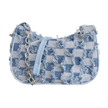 Imagem de ModaBay Bolsa de ombro jeans para mulheres, retrô quadriculada ou padrão de estrelas, bolsa vintage anos 90 Y2K, bolsa pequena para meninas adolescentes, Azul, Small