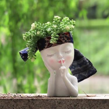 Imagem de Vaso de flores com cabeça de rosto para plantas de interior, vaso de cabeça de menina despreocupado, pequeno e fofo e engraçado para cactos suculentos, cachepot de resina com drenagem, ótimo presente