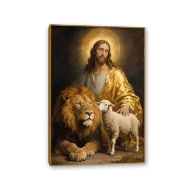 Imagem de SDYJ6GSW Arte de parede em tela Jesus e leão imagens cristãs decoração de parede com impressão de leão e cordeiro arte para igreja sala de estar quarto 75 x 50 cm (30 x 20 pol) moldura teca
