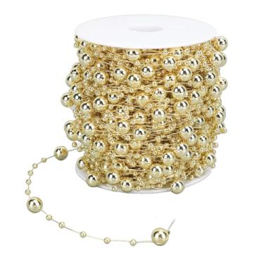 Imagem de Rolo de Corrente de Contas Pérolas Artificiais, Versáteis Contas Barragem 30m Guirlanda para Artesanato, 8 Mm e 3 Mm, buquê Casamento e Decorações Festas, Belas Práticas Com Bom Desgaste (Ouro)