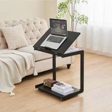 Imagem de MYOTA Mesa lateral, sala de estar, mesa de canto lateral de madeira com rodas, mesa de cabeceira de madeira maciça, bandeja de TV em forma de C, mesas modernas para sofá, escritório, quarto, preto, 39