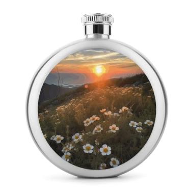 Imagem de Cantil clássico com estampa de pôr do sol e flores, frasco de aço inoxidável para licor, frasco de bolso de 142 g
