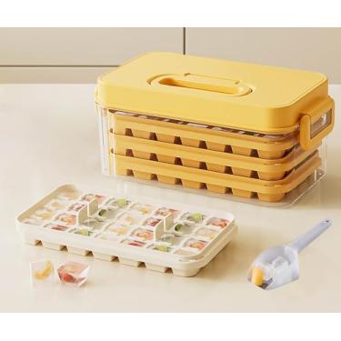 Imagem de Bandejas de gelo com tampas, concha e balde de gelo, 28/84 peças, molde portátil de silicone para cubos de gelo com caixa de gelo reutilizável para geladeira (amarelo, 3 camadas (84 peças))