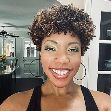 Imagem de Ms Taj Perucas de cabelo humano encaracolado afro curto para mulheres negras, brasileiras virgens brasileiras curtas, afro, sem renda, densidade 150% não processada, peruca afro cabelo humano encaracolado feito à máquina (FS 4/30#, peruca afro)