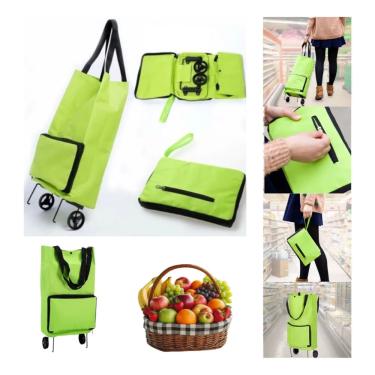 Imagem de Sacola para Compras Multiuso Carrinho De Feira Supermecado Dobrável com 2 Rodas 10kg Verde