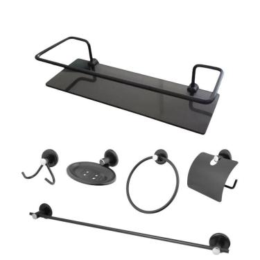 Imagem de Kit Acessórios 6 Peças Aço Inox Com Porta Shampoo Reto Preto