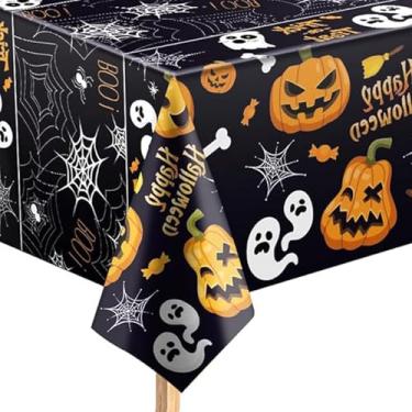 Imagem de Toalha de mesa de Halloween, 1 pacote de toalha de mesa de plástico 132 x 221 cm, preto, decorações de Halloween, retangular, toalha de mesa descartável, teia de aranha fantasma, abóbora, decoração de