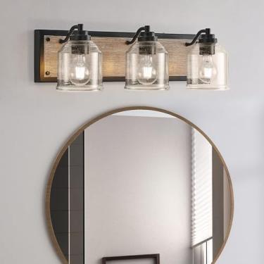Imagem de FAISHILAN Luminária De Banheiro Estilo Fazenda De 23 Polegadas, Luminária De Banheiro Estilo Fazenda Com Cúpulas De Vidro Bolha, Base E26 Rústica De 3 Luzes Sobre Espelho