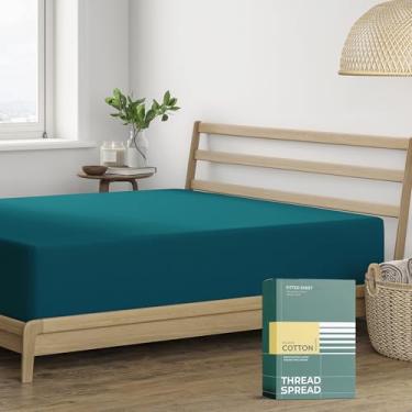 Imagem de THREAD SPREAD Lençol de elástico 100% algodão orgânico percal solteiro, GG, azul-petróleo, 1 lençol com elástico alto, solteiro, GG, serve para colchões de até 40,6 cm, lençóis de luxo certificados