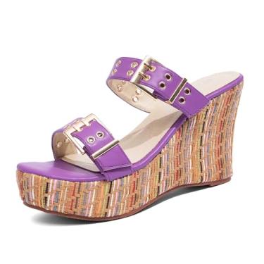 Imagem de Jeesay Sandálias femininas de salto alto com tira de fivela e plataforma Peep Toe, Roxa, 36