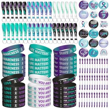 Imagem de WATINC Kits de conscientização sobre o suicídio – Conjunto de conscientização sobre prevenção de suicídio com fita azul-petróleo e roxo, 36 pulseiras de silicone, 36 chaveiros, 36 botões e 36 canetas