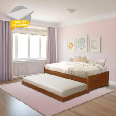 Imagem de Cama Solteiro com Auxiliar Bibox Bicama Infantil Gabrieli com 2 Colchões Inclusos Castanho