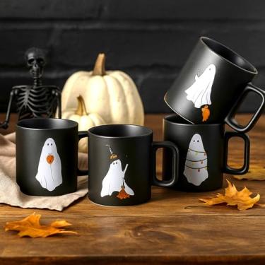 Imagem de Yiyiring Conjunto de 4 canecas de Halloween, caneca assustadora de grés de cerâmica de 340 g, caneca de café fantasma assustadora, esquadrão assustador, canecas de grés preto, desenhos de fantasmas