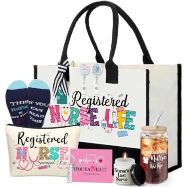 Imagem de Skylety Conjunto de 9 peças de enfermeira registrada para mulheres trapézio de lona de mercearia sacola com alça de vidro copo perfumado vela carretel meias novidade presente de agradecimento
