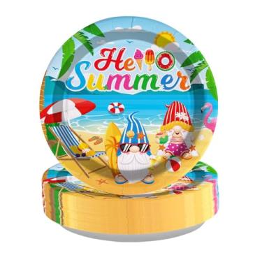 Imagem de Grencian 50 peças decorações de festa de verão gnomo Hello Summer pratos de praia descartáveis de papel havaiano para piscina, gnomo havaiano, aniversário, crianças, chá de bebê, artigos de festa