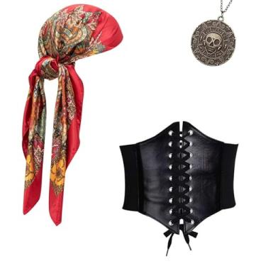 Imagem de Joizomou Acessórios de fantasia de pirata para mulheres e homens, bandana de pirata, lenço de cabeça, faixa de pirata, cinto e joias de pirata, 3 peças, Espartilho de cetim vermelho-preto, One Size