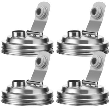 Imagem de Palksky Tampa de bico de aço inoxidável, tampa de bico de boca larga para potes de pedreiro, tampa de vedação antivazamento hermética para beber molho de salada e armazenamento de alimentos (4 peças)