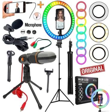Imagem de Kit Profissional Hing Light Grande Rgb Suporte Celular Microfone De Mesa + Lapela Tripé 2 Metros Makeup Selfie Completo