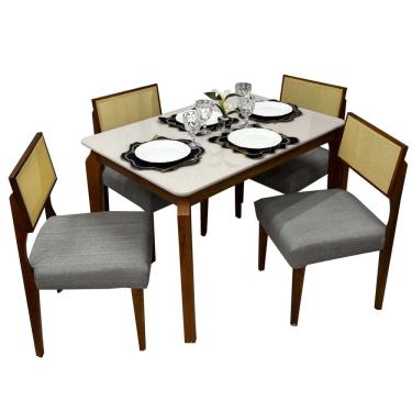 Imagem de Mesa de Jantar Alegra 120x80 COM Vidro 4 Cadeiras Grecia Cor Cinamomo Off White com Tecido Cinza