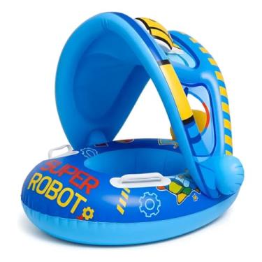 Imagem de Boia Infantil Piscina Bebê Inflável com Assento Pezinho e Cobertura de Proteção para Crianças 6 Meses à 3 Anos Praia Verão (AZUL)