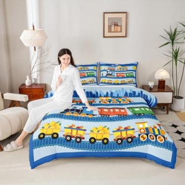 Imagem de Manfei Conjunto de cama com desenho animado de trem para meninos e meninas, veículos de transporte colorido, todas as estações, aconchegante, conjunto de edredom para decoração de quarto, presentes de