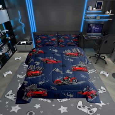 Imagem de Conjunto de edredom solteiro de carro de corrida para todas as estações, preto e branco com bandeira esportiva, decoração de quarto de adolescentes, bicicleta suja, motocross, carros de corrida