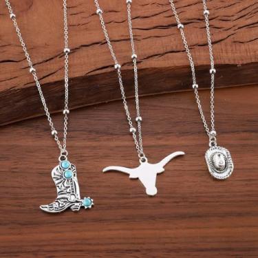 Imagem de 3 peças/conjunto de colar ocidental para mulheres, corrente em camadas, turquesa, chapéu de vaqueira, botas, pingente de cabeça de vaca, colar tribal, acessórios de joias, One Size, Liga de aço, Sem