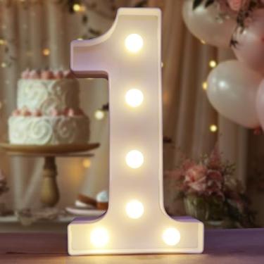 Imagem de Letras numéricas decorativas com iluminação LED, letreiro de plástico branco, número de luzes para festa de 1º aniversário, decoração de casamento, operado por bateria, número 1