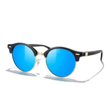 Imagem de Óculos de sol redondos polarizados para mulheres, homens, clássicos, retrô, meia armação, hastes de alumínio, Armação preta/ponte dourada/lente espelhada azul, Lens Width: 51 Millimeters