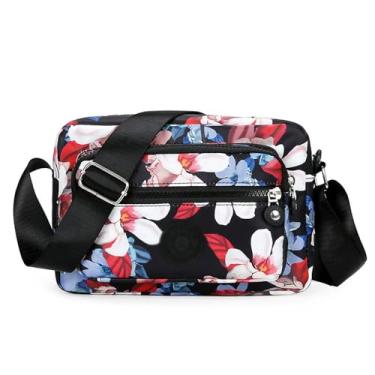 Imagem de Bolsa de ombro feminina de nylon com vários zíperes, mochila multicamadas, bolsa de lona de grande capacidade, adequada para viagens, Flor 3, Large