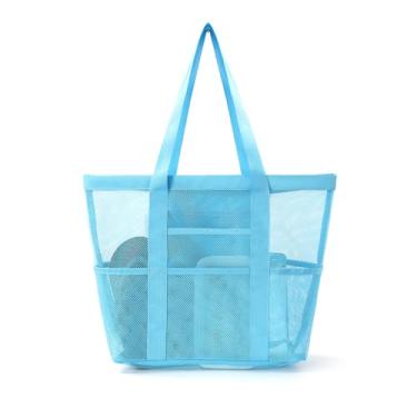 Imagem de Bolsa de praia de malha, grande bolsa de praia com bolsos com zíper - Piscina familiar, brinquedos e itens essenciais para férias, Azul, Large