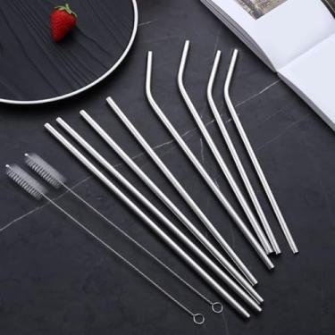Imagem de 10 canudos de aço inoxidável reutilizáveis de 26,4 cm, 4 canudos rígidos e 4 canudos dobráveis com 2 escovas de limpeza