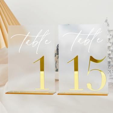 Imagem de Números de mesa de casamento de acrílico 1-15 com suportes, placas de acrílico fosco de 12,7 x 17,8 cm com números espelhados dourados 3D, números de mesa 3D foscos e dourados para recepção de