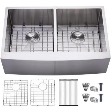 Imagem de SHACO Tigela dupla de 83 cm dividida 50/50 pia de fazenda, aço inoxidável 33x21, avental frontal para pia de cozinha