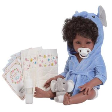 Imagem de Bebê Reborn Realista Menino Cabelo Cacheado Roupão Elefante - Cegonha 